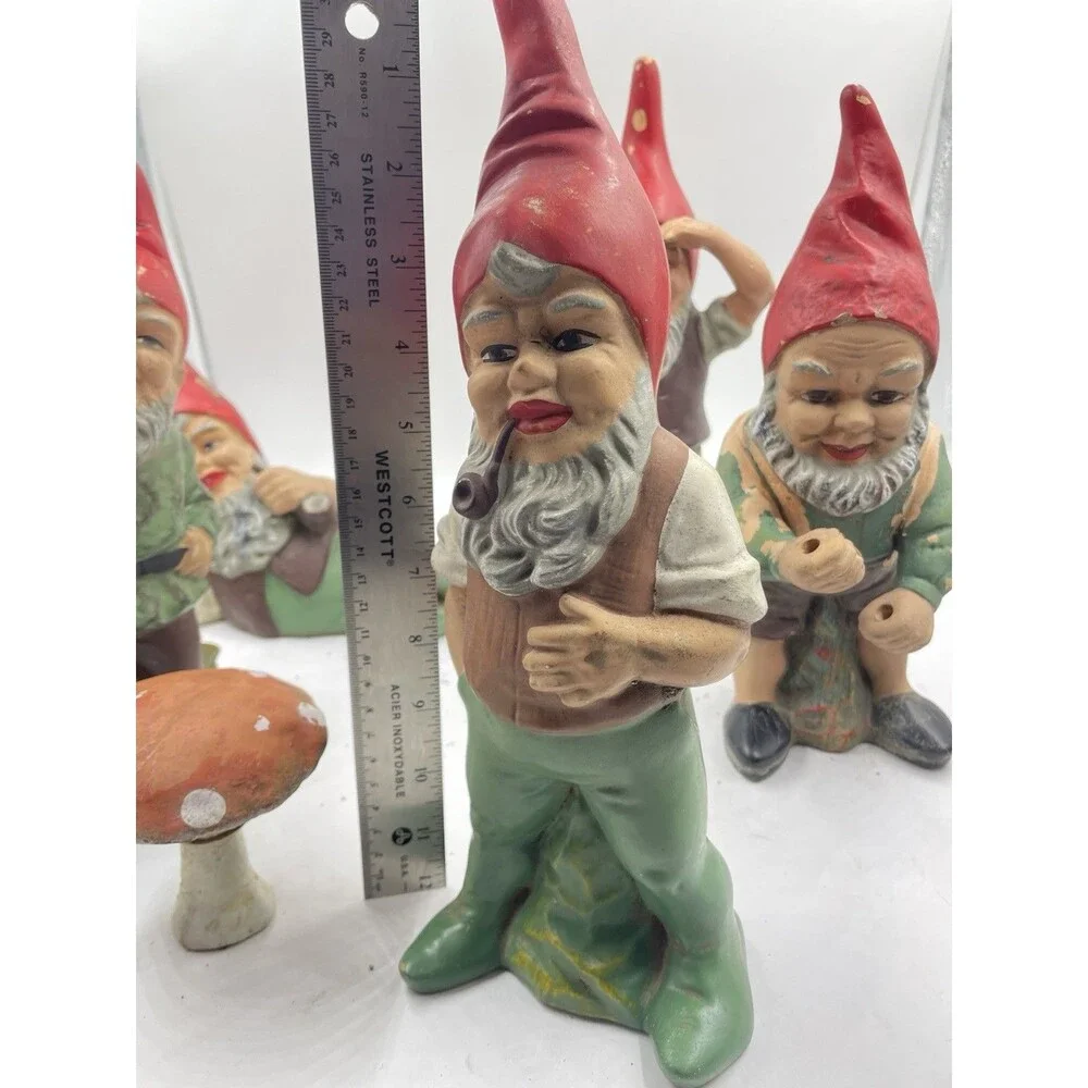 RARE Vintage Heissner West Germany Terracotta Garden Gnome Set of 4 + Mushroom